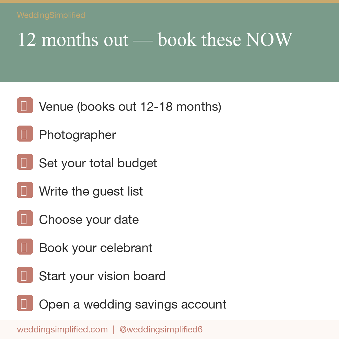 12-Month Wedding Planning Checklist — What to Book and When